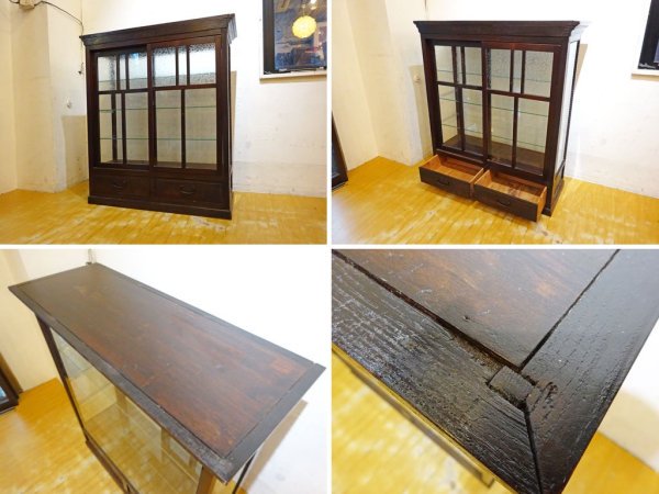 ジャパンビンテージ ガラスディスプレイ キャビネット 昭和レトロ 結霜硝子 対面ショーケース レストア済 ★