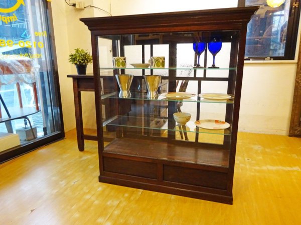 ジャパンビンテージ ガラスディスプレイ キャビネット 昭和レトロ 結霜硝子 対面ショーケース レストア済 ★