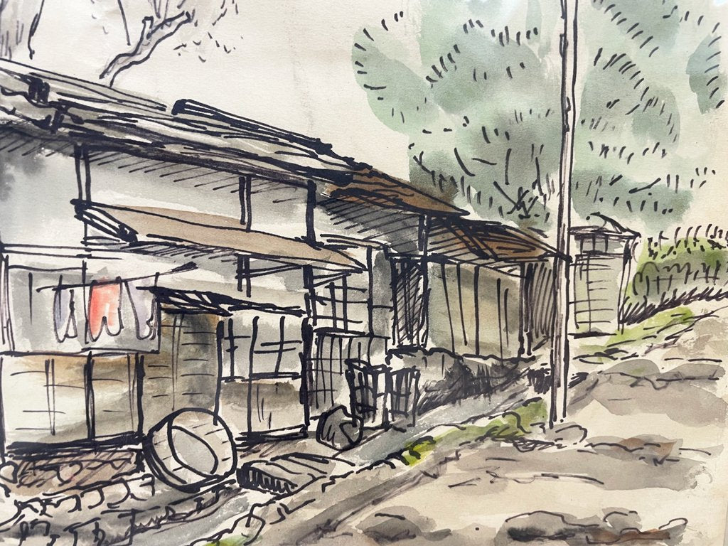 石川達三 水彩画 ペン画 第一回芥川賞受賞作家 サンデー毎日 額装品 ●