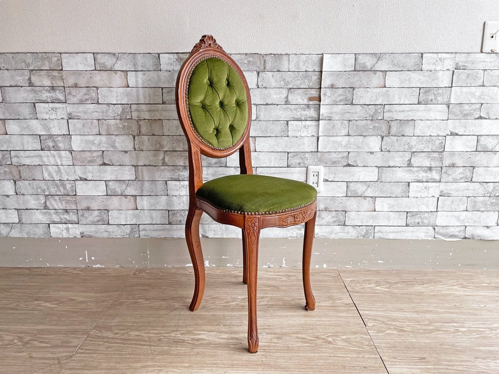 クラシカルデザイン ダイニングチェア 猫脚 スタッズ 鋲 ベロア調 ファブリック グリーン アンティークスタイル Antique Style 現状品 ●