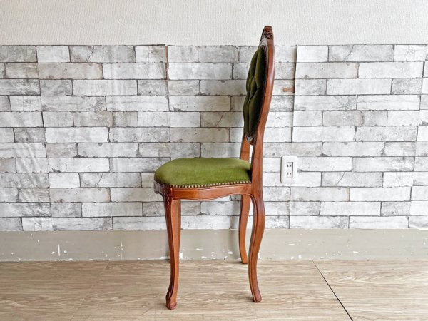 クラシカルデザイン ダイニングチェア 猫脚 スタッズ 鋲 ベロア調 ファブリック グリーン アンティークスタイル Antique Style 現状品 ●