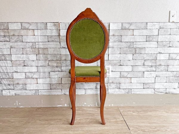 クラシカルデザイン ダイニングチェア 猫脚 スタッズ 鋲 ベロア調 ファブリック グリーン アンティークスタイル Antique Style 現状品 ●