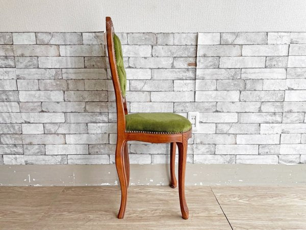 クラシカルデザイン ダイニングチェア 猫脚 スタッズ 鋲 ベロア調 ファブリック グリーン アンティークスタイル Antique Style 現状品 ●