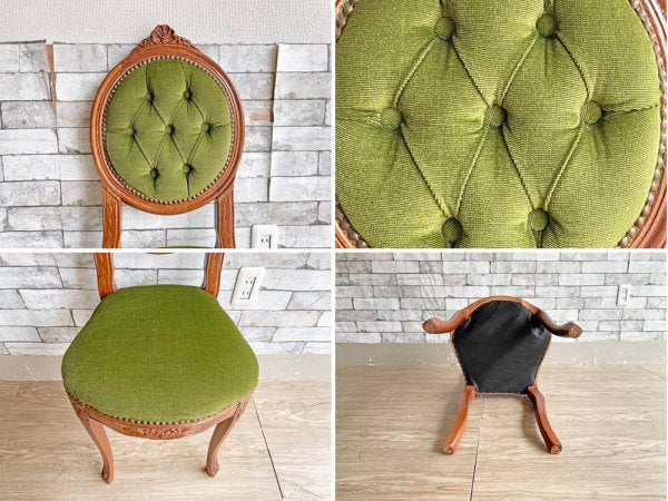 クラシカルデザイン ダイニングチェア 猫脚 スタッズ 鋲 ベロア調 ファブリック グリーン アンティークスタイル Antique Style 現状品 ●
