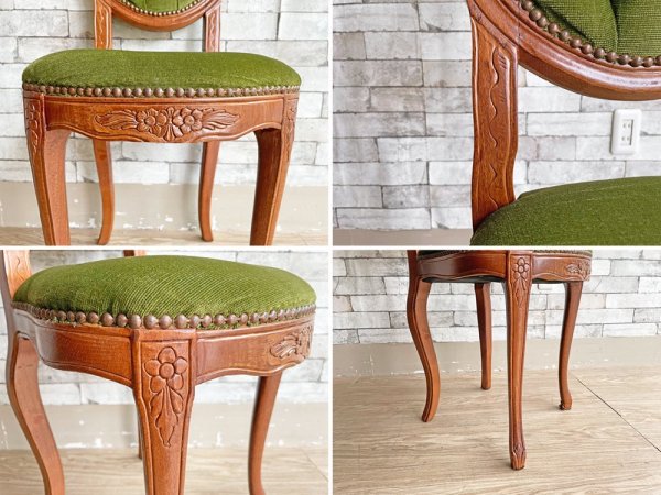 クラシカルデザイン ダイニングチェア 猫脚 スタッズ 鋲 ベロア調 ファブリック グリーン アンティークスタイル Antique Style 現状品 ●