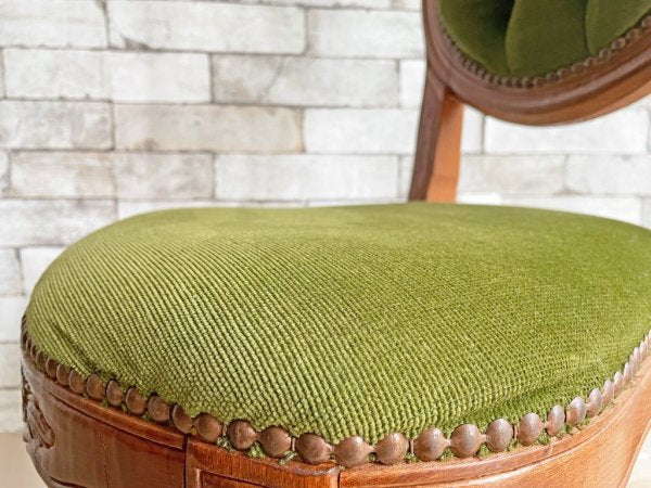 クラシカルデザイン ダイニングチェア 猫脚 スタッズ 鋲 ベロア調 ファブリック グリーン アンティークスタイル Antique Style 現状品 ●