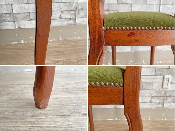 クラシカルデザイン ダイニングチェア 猫脚 スタッズ 鋲 ベロア調 ファブリック グリーン アンティークスタイル Antique Style 現状品 ●