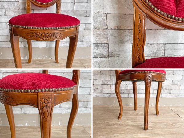 クラシカルデザイン ダイニングチェア 猫脚 スタッズ 鋲 ベロア調 ファブリック レッド アンティークスタイル Antique Style ●