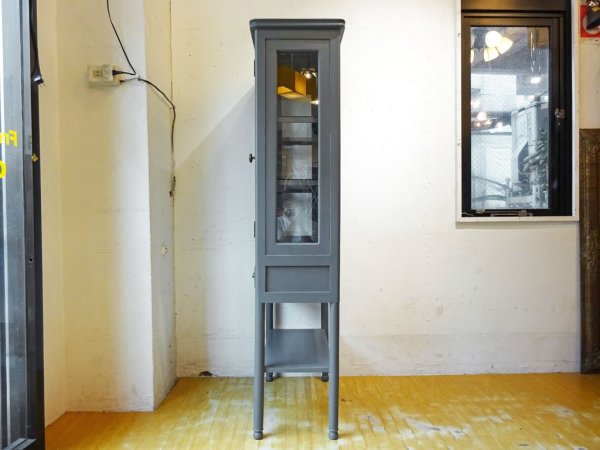 アンティーク調 ケビント 木製ドクターキャビネット  グレーペイント 医療棚 ガラス棚 ディスプレイケース 店舗什器 ★