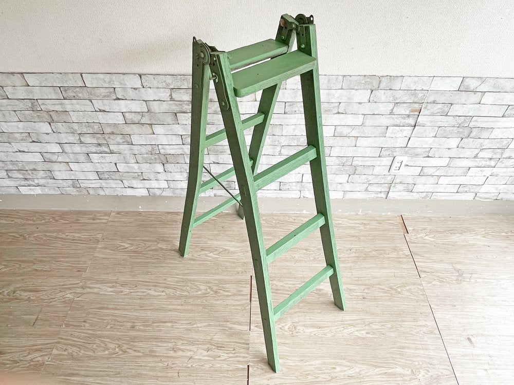 ビンテージスタイル Vintage Style ペイントステップラダー 木製 はしご 脚立 グリーン 折りたたみ ディスプレイ 店舗什器 シャビーシック ●