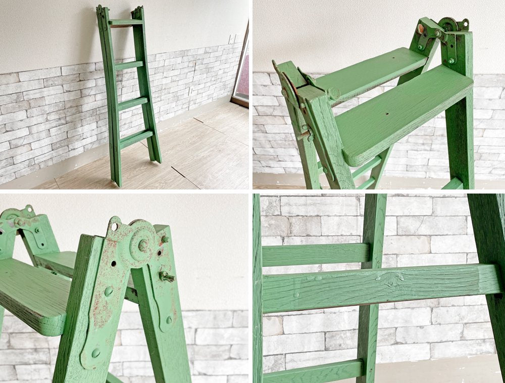 ビンテージスタイル Vintage Style ペイントステップラダー 木製 はしご 脚立 グリーン 折りたたみ ディスプレイ 店舗什器 シャビーシック ●