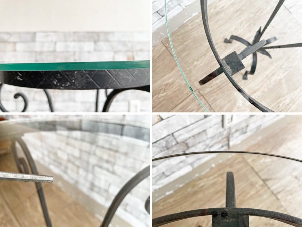 クラシカルスタイル ガラストップ ラウンドテーブル サイドテーブル 花台 鋳造 ロートアイアン アンティーク調 ●