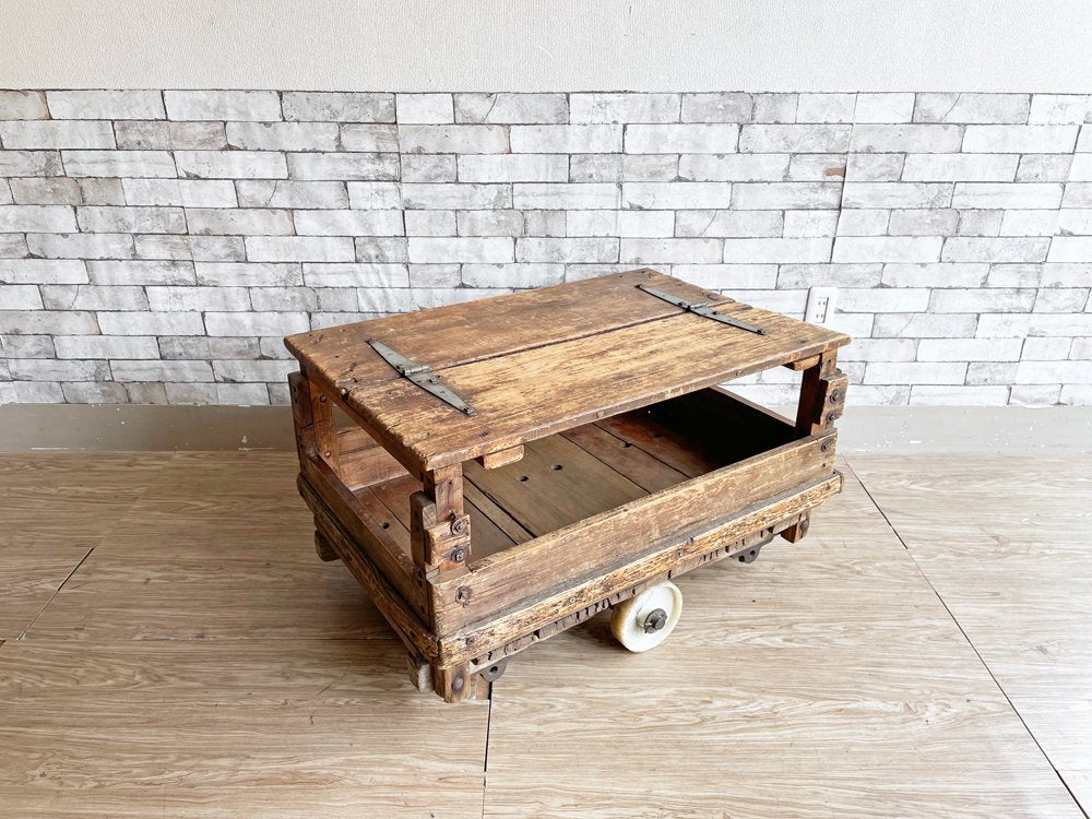 フランスビンテージ トローリーテーブル ローテーブル ワゴン ファクトリーテーブル 古材 インダストリアル 工業系 1920年代 ●