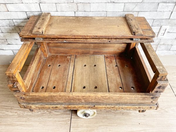 フランスビンテージ トローリーテーブル ローテーブル ワゴン ファクトリーテーブル 古材 インダストリアル 工業系 1920年代 ●