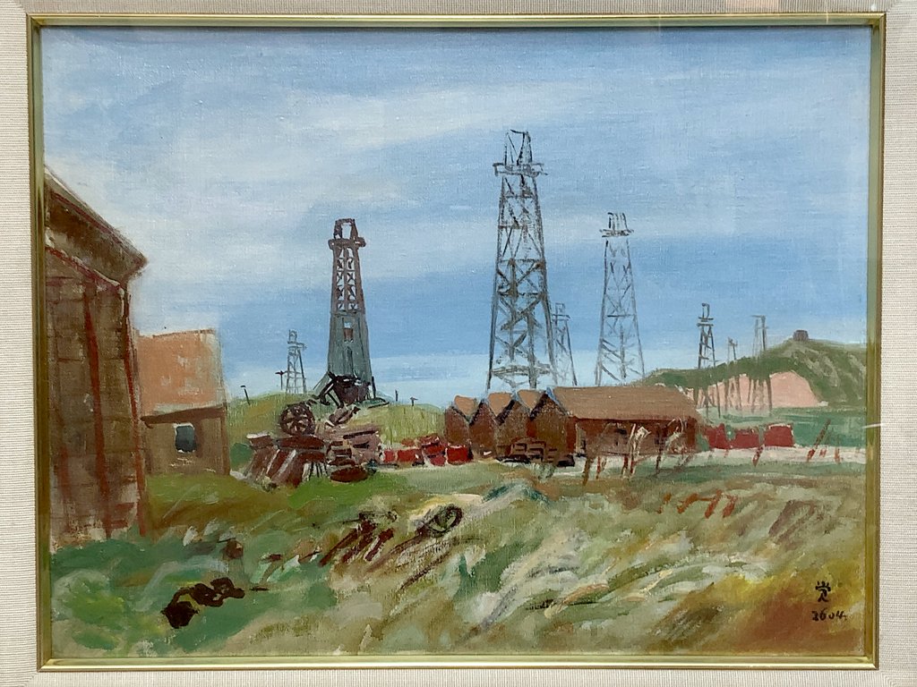 柏原 覚太郎 秋田八橋風景 油彩画 額装品 油絵 二科展画家 洋画家 ●