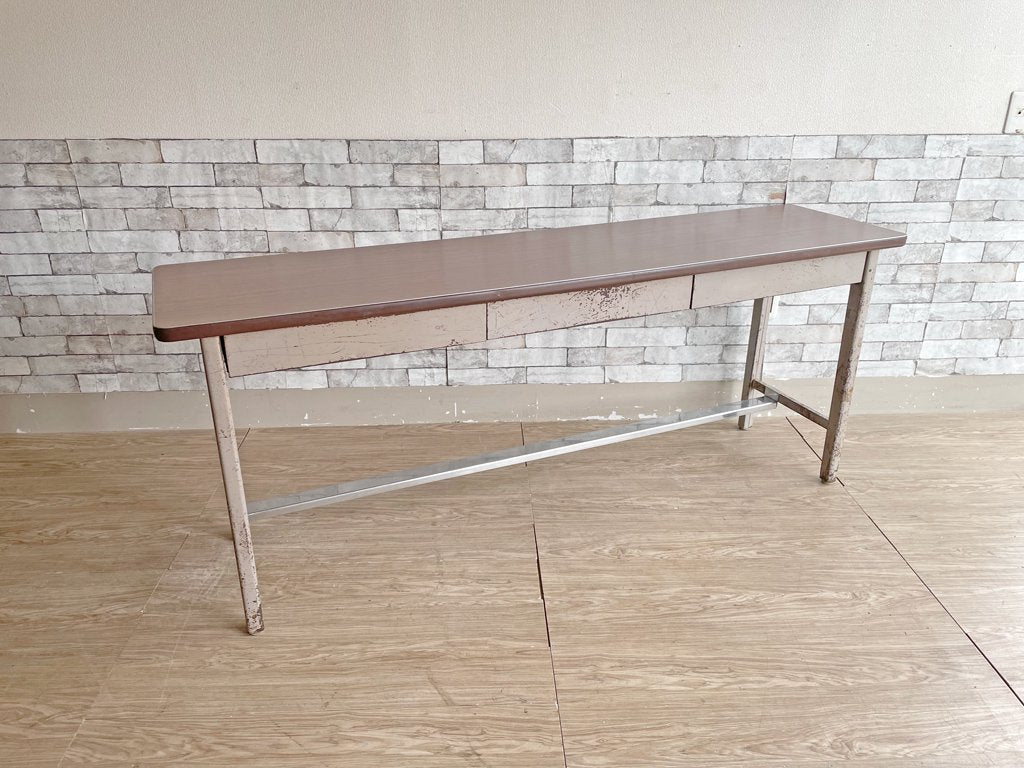 ジャパンビンテージ Japan Vintage コンソールテーブル 長机 メラミン天板 デコラトップ スチールレッグ 抽斗3杯 w180cm 作業台 事務机 Hida ●