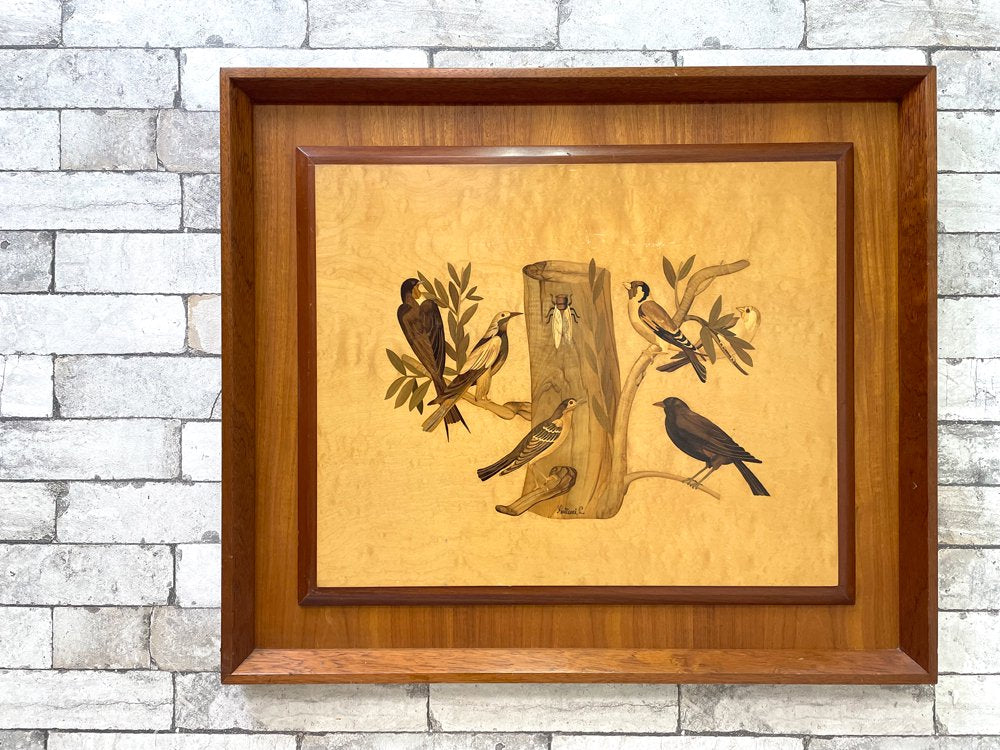 木象嵌 壁掛け飾り ウォールデコ 額装 72×62cm 鳥×植物×昆虫  サイン有り ●
