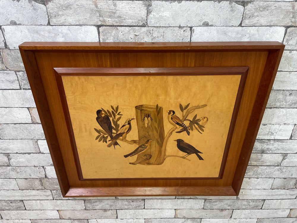 木象嵌 壁掛け飾り ウォールデコ 額装 72×62cm 鳥×植物×昆虫  サイン有り ●