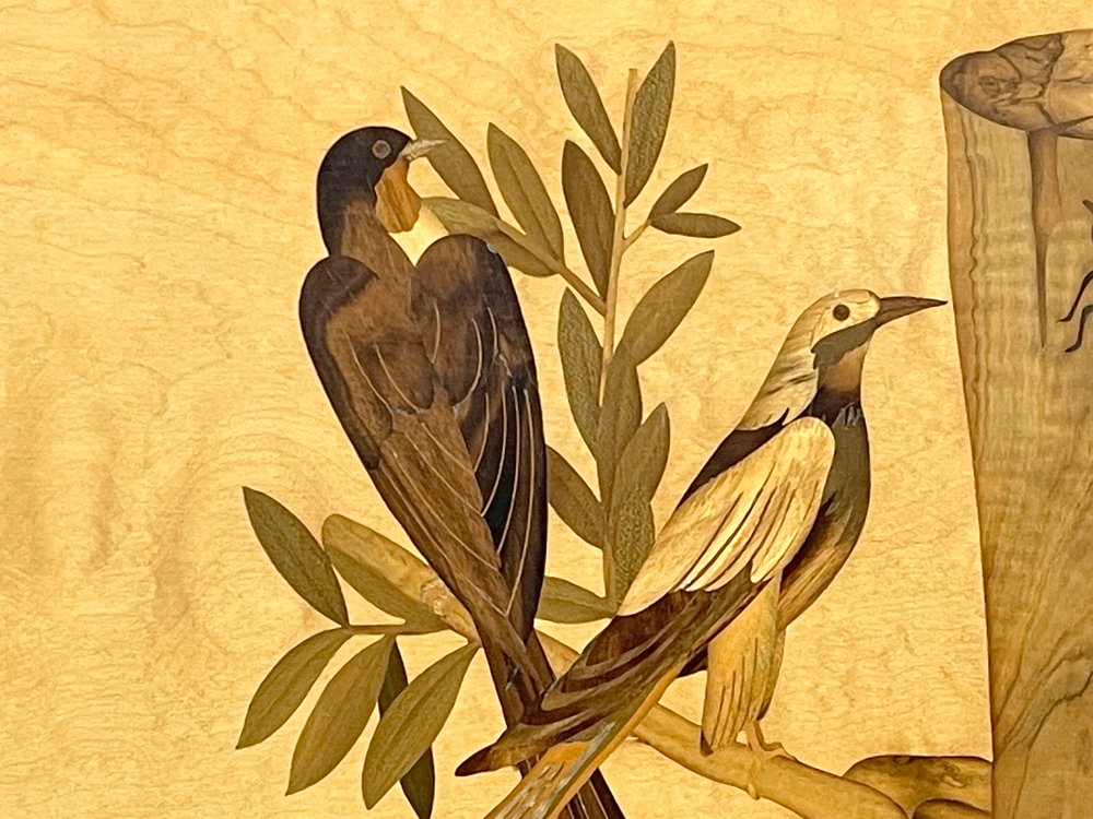 木象嵌 壁掛け飾り ウォールデコ 額装 72×62cm 鳥×植物×昆虫  サイン有り ●