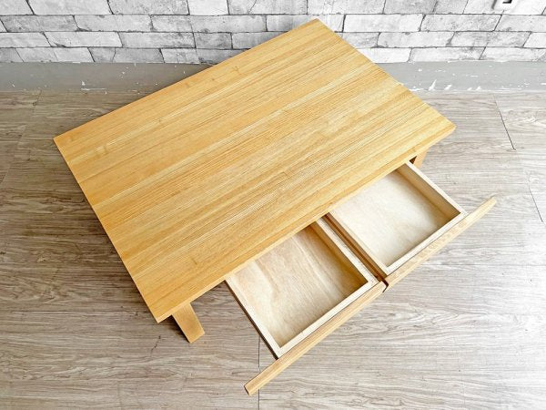 無印良品 MUJI 木製ローテーブル タモ無垢材 ナチュラル W90cm 抽斗2杯 ●
