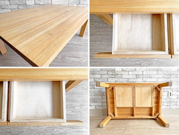 無印良品 MUJI 木製ローテーブル タモ無垢材 ナチュラル W90cm 抽斗2杯 ●