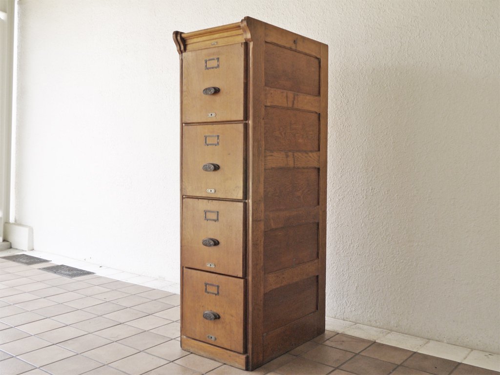 ベルギーヴィンテージ Belgian Vintage オーク材 ファイリングキャビネット 4段 フルーオープン仕様 希少品 店舗什器 ◇
