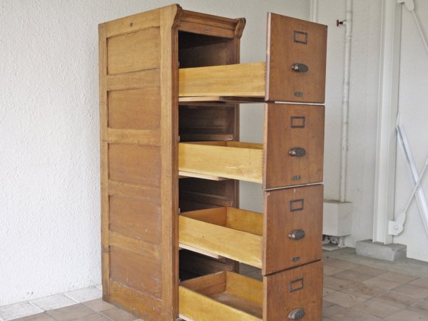 ベルギーヴィンテージ Belgian Vintage オーク材 ファイリングキャビネット 4段 フルーオープン仕様 希少品 店舗什器 ◇