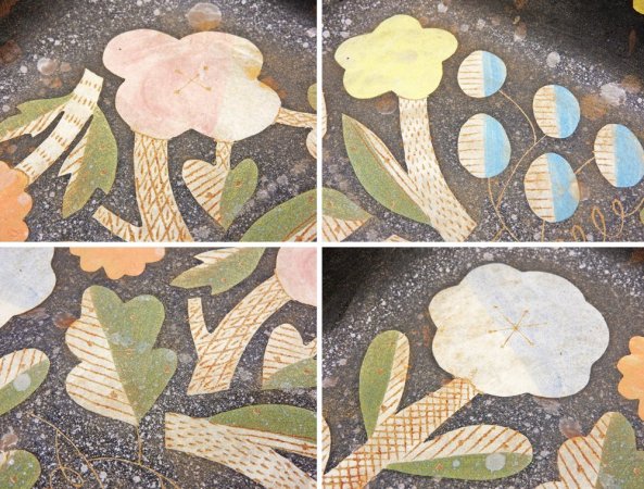 鹿児島睦 Makoto Kagoshima 深鉢 ボウル W28cm スクエア 花柄 絵付け ハンドメイド 現代作家 金継ぎ 修復痕有 ●