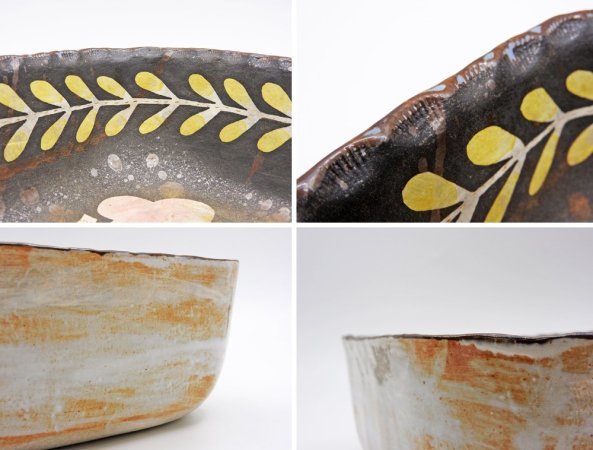 鹿児島睦 Makoto Kagoshima 深鉢 ボウル W28cm スクエア 花柄 絵付け ハンドメイド 現代作家 金継ぎ 修復痕有 ●