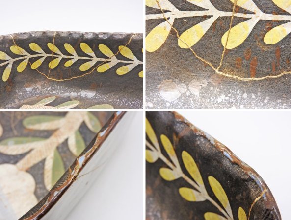 鹿児島睦 Makoto Kagoshima 深鉢 ボウル W28cm スクエア 花柄 絵付け ハンドメイド 現代作家 金継ぎ 修復痕有 ●