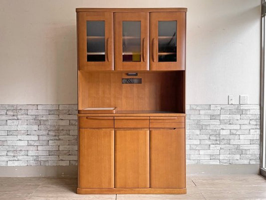 モダンデザイン Modern design キッチンボード カップボード 食器棚 幅119 オーク材 ステンレス 電源二口 スライド天板 ●