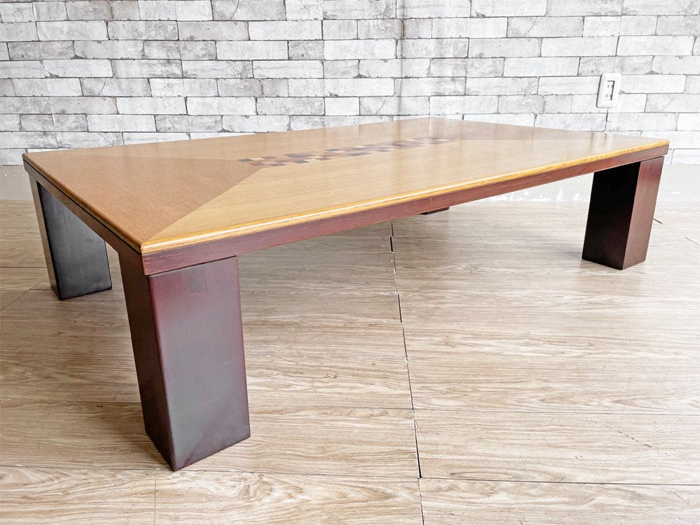 和モダン 木製 ローテーブル センターテーブル 座卓 W135cm 組木天板 レトロデザイン ●