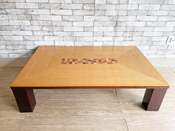 和モダン 木製 ローテーブル センターテーブル 座卓 W135cm 組木天板 レトロデザイン ●