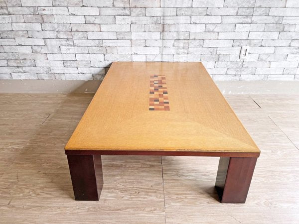 和モダン 木製 ローテーブル センターテーブル 座卓 W135cm 組木天板 レトロデザイン ●