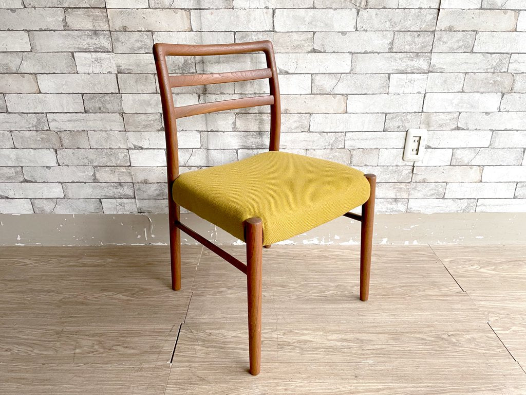 北欧ビンテージ Scandinavian vintage チーク無垢材 ダイニングチェア ファブリック イエロー 補修痕有 現状品 ●