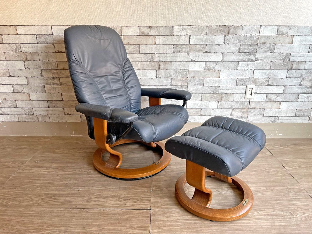 エコーネス EKORNES ディプロマット ストレスレス リクライニングチェア オットマン付 ネイビー 北欧 ノルウェー 現状品 ●