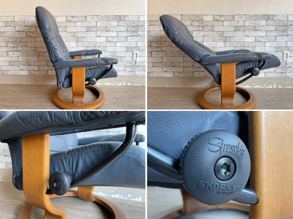 エコーネス EKORNES ディプロマット ストレスレス リクライニングチェア オットマン付 ネイビー 北欧 ノルウェー 現状品 ●