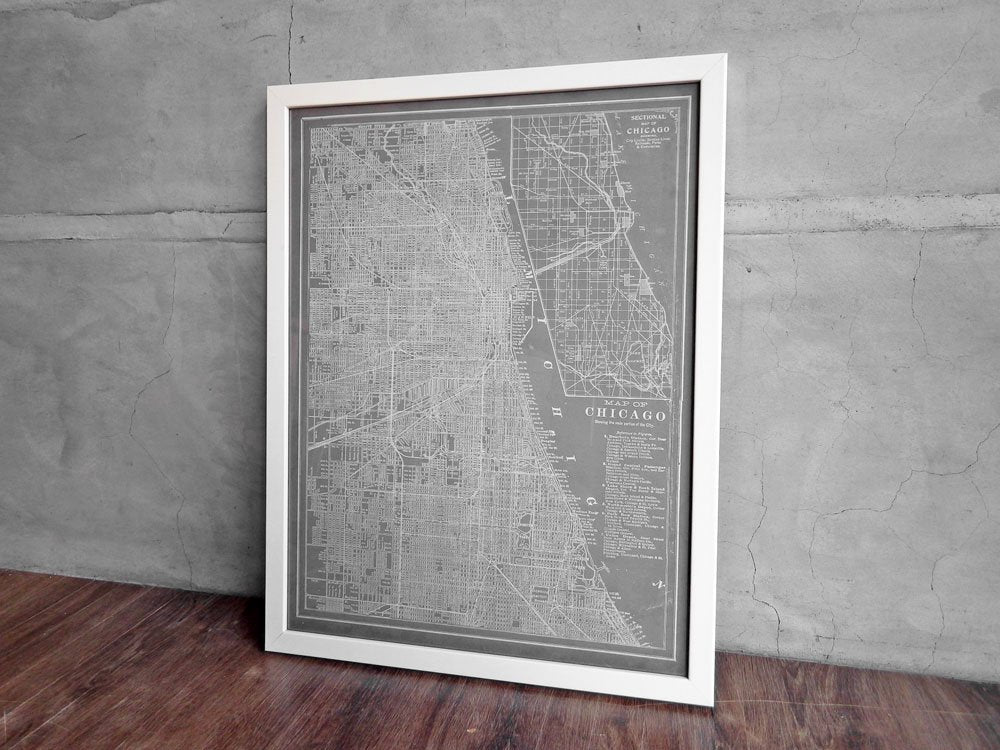 ビジョン・スタジオ Vision Studio シカゴ 地図 プリント ポスター City Map of Chicago グレー 額装品 Crate&Barrel取り扱い アメリカ ♪