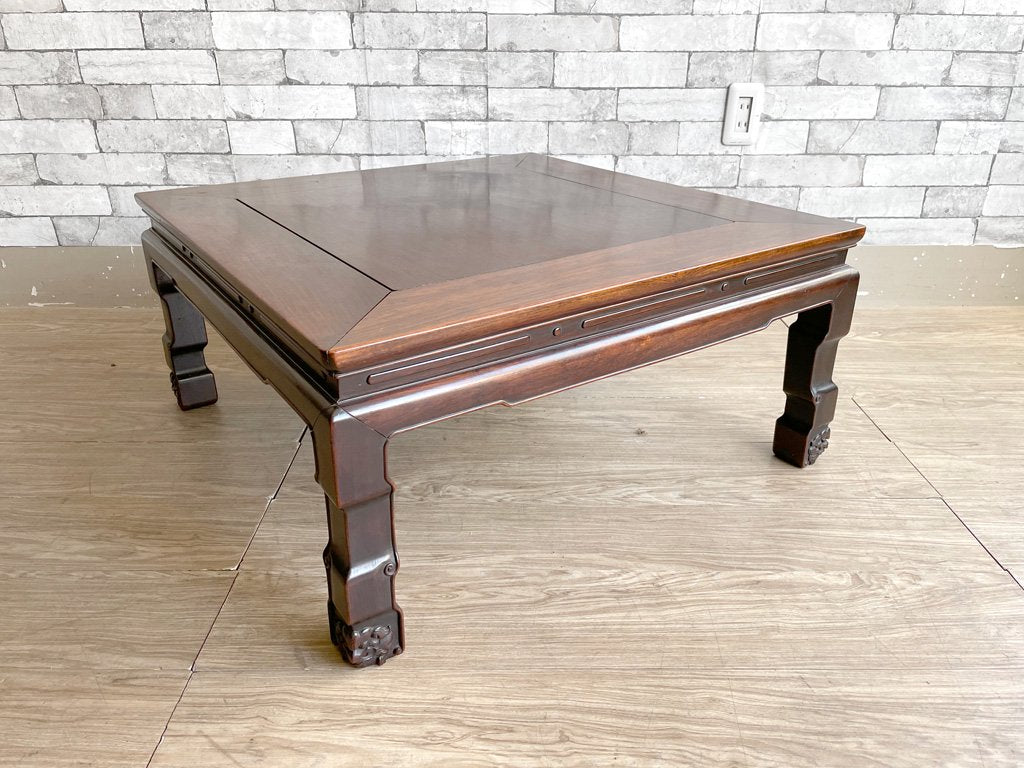 アジアン家具 無垢材 座卓 角座卓 ローテーブル 古家具 レトロ 獅子 W74cm 伝統工芸 ●