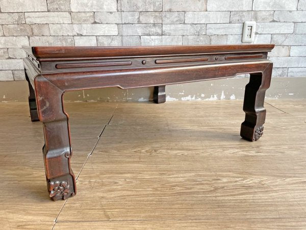 アジアン家具 無垢材 座卓 角座卓 ローテーブル 古家具 レトロ 獅子 W74cm 伝統工芸 ●