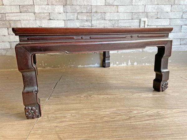 アジアン家具 無垢材 座卓 角座卓 ローテーブル 古家具 レトロ 獅子 W74cm 伝統工芸 ●
