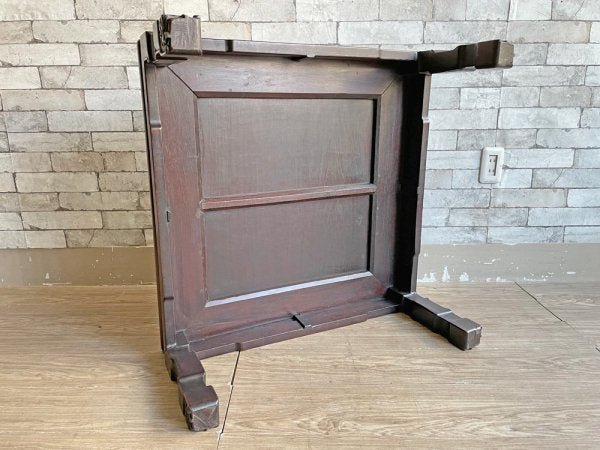 アジアン家具 無垢材 座卓 角座卓 ローテーブル 古家具 レトロ 獅子 W74cm 伝統工芸 ●