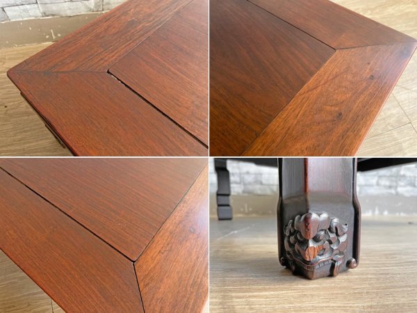 アジアン家具 無垢材 座卓 角座卓 ローテーブル 古家具 レトロ 獅子 W74cm 伝統工芸 ●