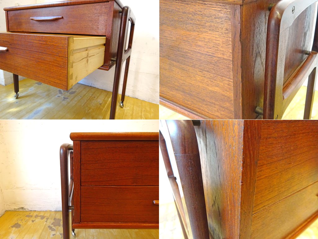 デンマーク ビンテージ DENMARK VINTAGE ソーイング トローリー Sewing Trolley チーク材 ナイトテーブル 2ドロワー ワゴン 裁縫 ★