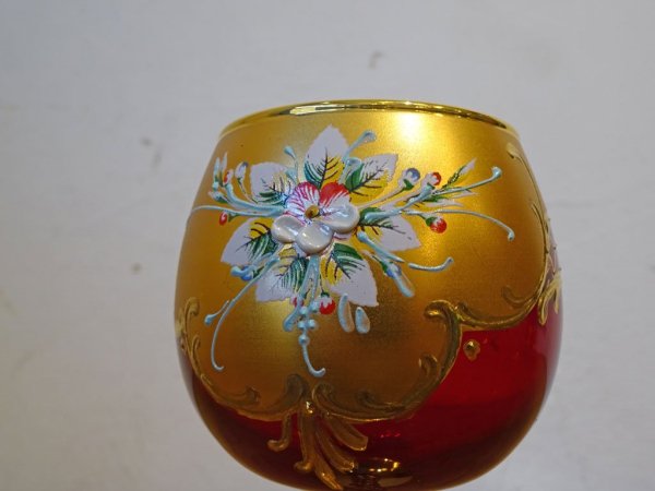 ベネチアンガラス ムラノ Venezian glass murano シェリーグラス Sherry Glass レッド ゴールド 24KT 金彩 小花柄 ヴェネチアングラス ★