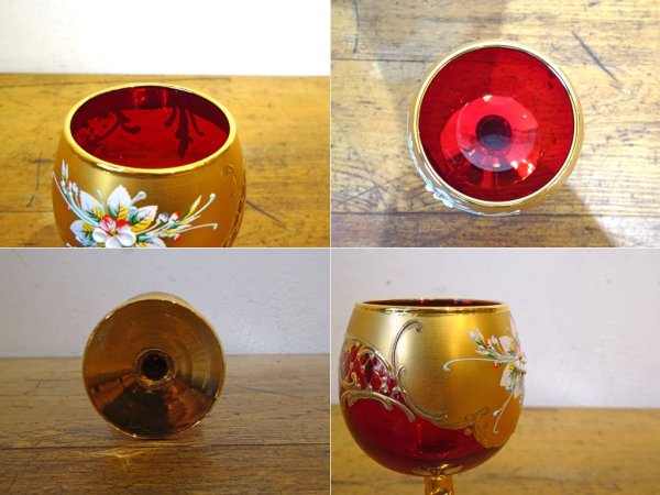 ベネチアンガラス ムラノ Venezian glass murano シェリーグラス Sherry Glass レッド ゴールド 24KT 金彩 小花柄 ヴェネチアングラス ★