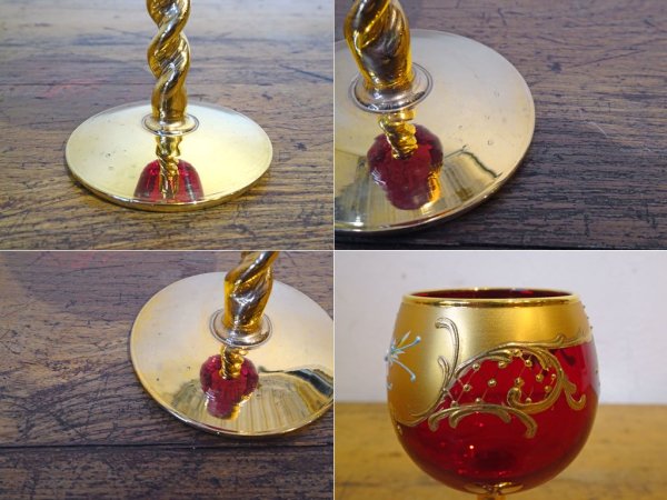 ベネチアンガラス ムラノ Venezian glass murano シェリーグラス Sherry Glass レッド ゴールド 24KT 金彩 小花柄 ヴェネチアングラス ★