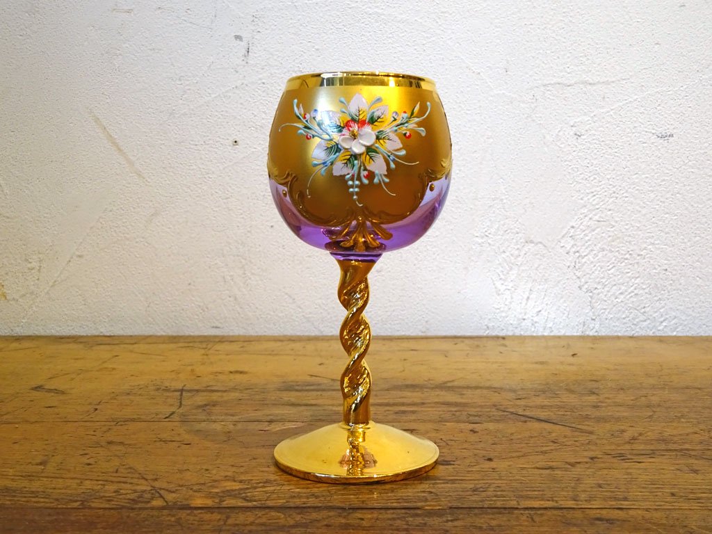 ベネチアンガラス ムラノ Venezian glass murano シェリーグラス Sherry Glass ピンク ゴールド 24KT 金彩 小花柄 ヴェネチアングラス ★