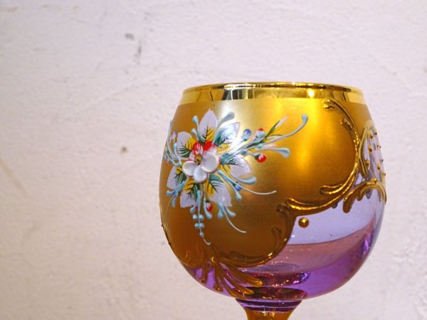 ベネチアンガラス ムラノ Venezian glass murano シェリーグラス Sherry Glass ピンク ゴールド 24KT 金彩 小花柄 ヴェネチアングラス ★