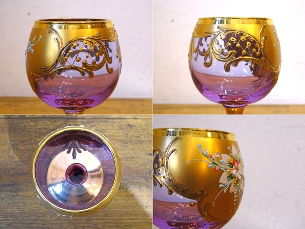 ベネチアンガラス ムラノ Venezian glass murano シェリーグラス Sherry Glass ピンク ゴールド 24KT 金彩 小花柄 ヴェネチアングラス ★